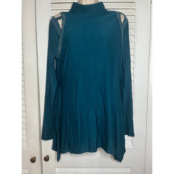 Belldini jewel tone green crystal trimmed open shoulder tunic L swing top dressy - Picture 1 of 5